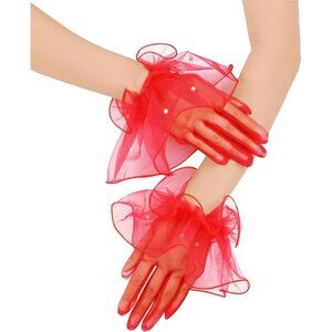 Women's Red Evening Tulle Mesh Short Gloves Formal Costume Wedding Party Tea